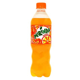 This plastic bottle of Mirinda - Orange Bottle - 500ml is a carbonated beverage featuring a vibrant orange label decorated with lively citrus illustrations and the iconic Mirinda logo.